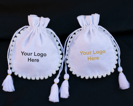 Pack of 100 - Round PomPom White Designer Cotton Drawstring Pouch With Logo
