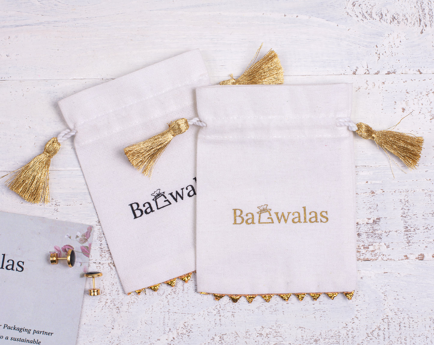 Pack of 100 - Golden Lace Ivory White Designer Cotton Drawstring Bags With Logo