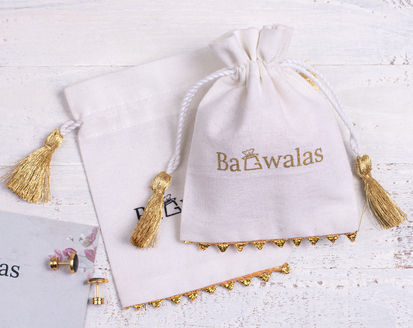 Pack of 100 - Golden Lace Ivory White Designer Cotton Drawstring Bags With Logo