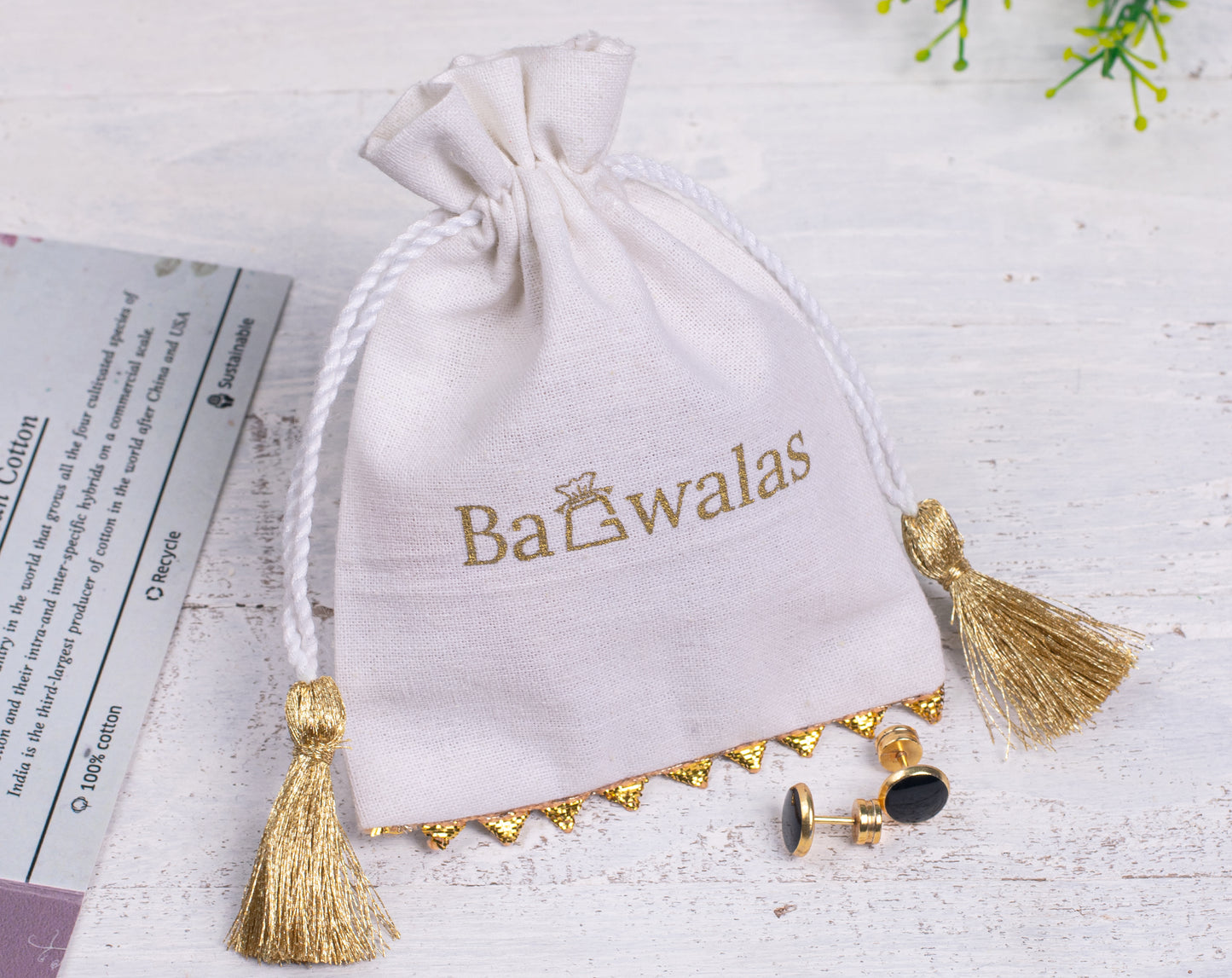 Pack of 100 - Golden Lace Ivory White Designer Cotton Drawstring Bags With Logo