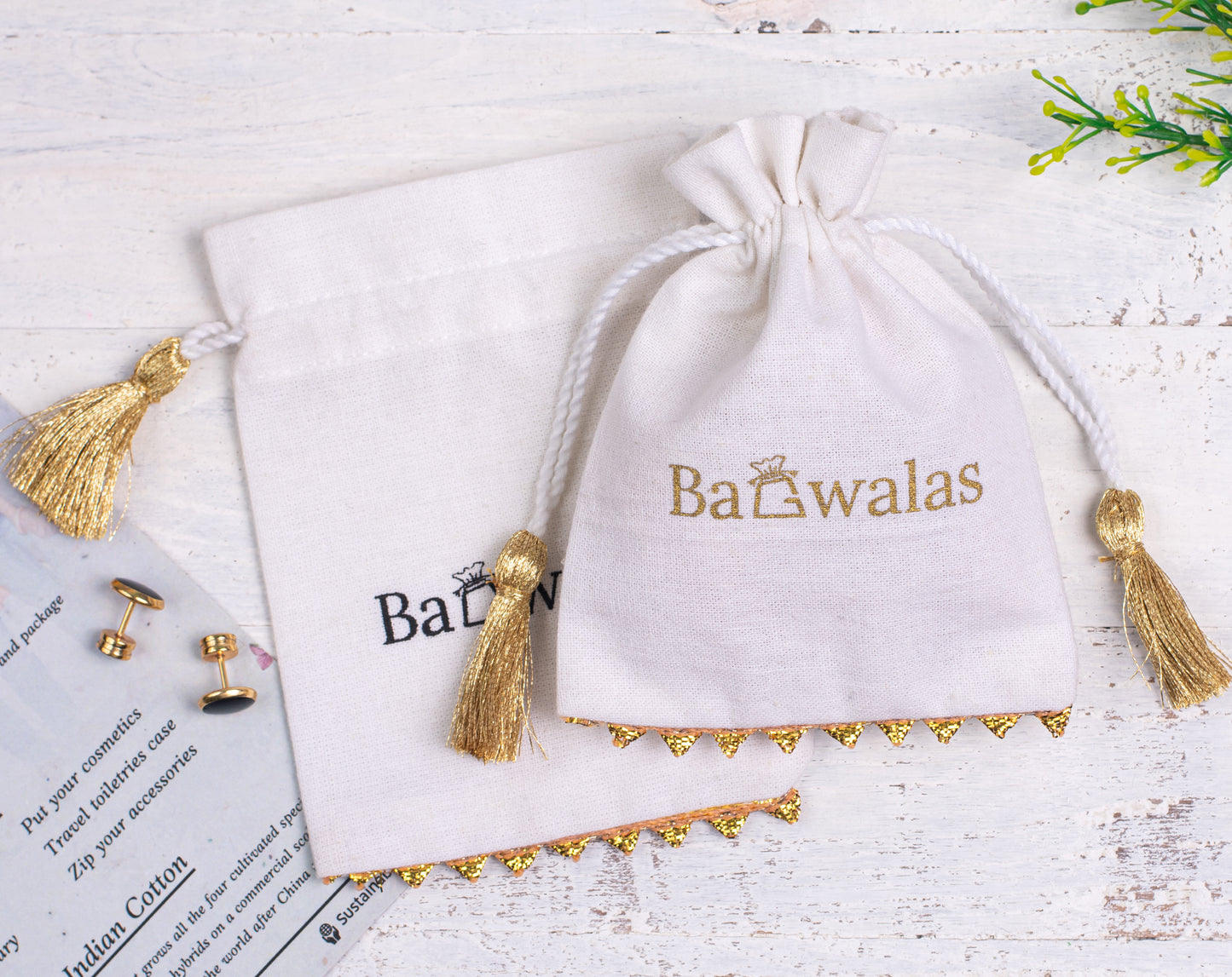 Pack of 100 - Golden Lace Ivory White Designer Cotton Drawstring Bags With Logo