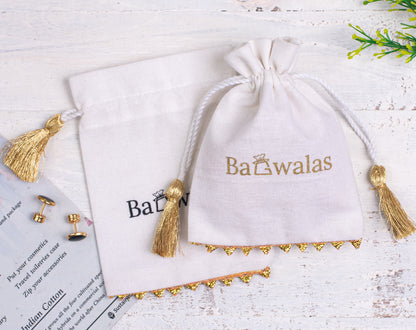 Pack of 100 - Golden Lace Ivory White Designer Cotton Drawstring Bags With Logo