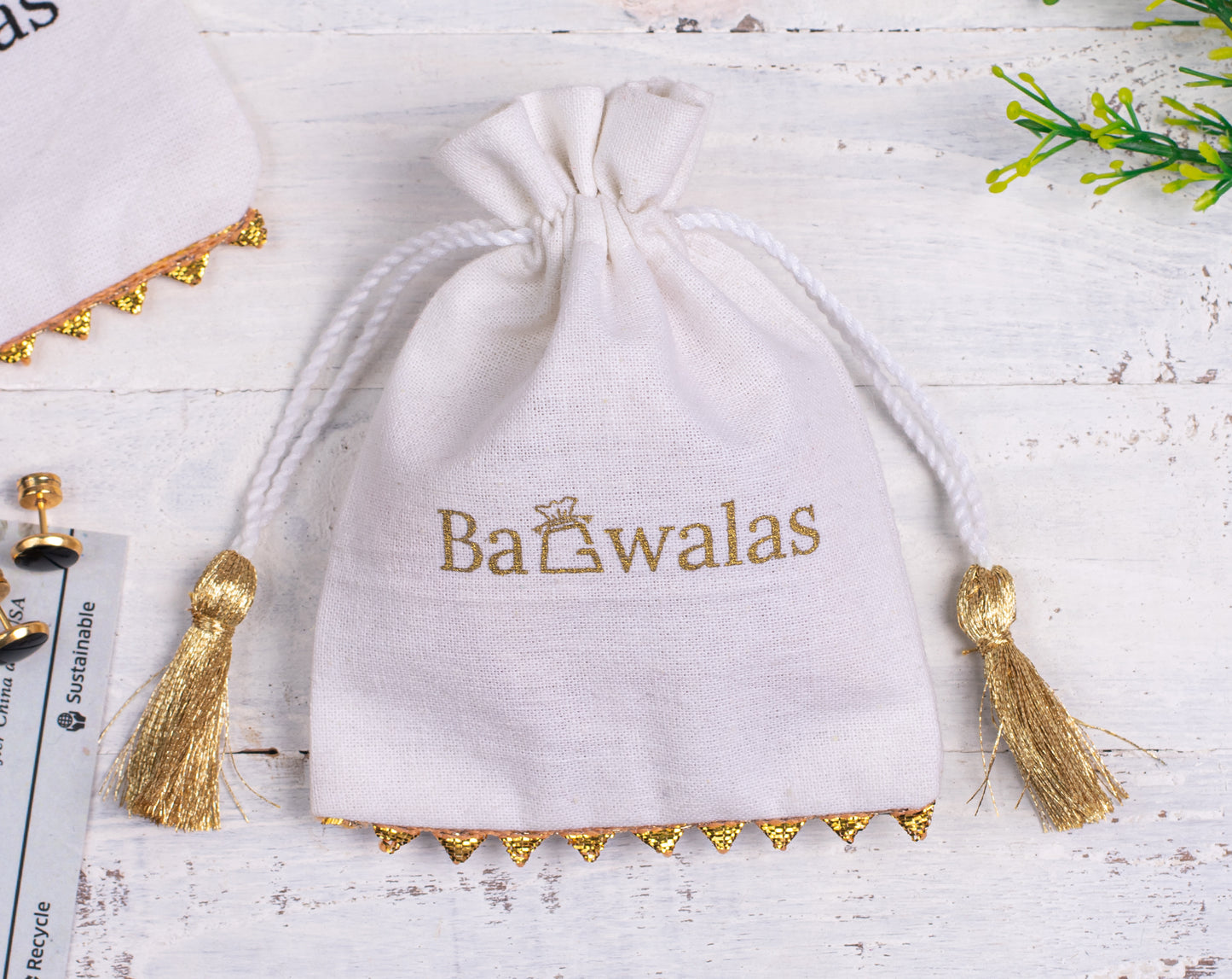 Pack of 100 - Golden Lace Ivory White Designer Cotton Drawstring Bags With Logo