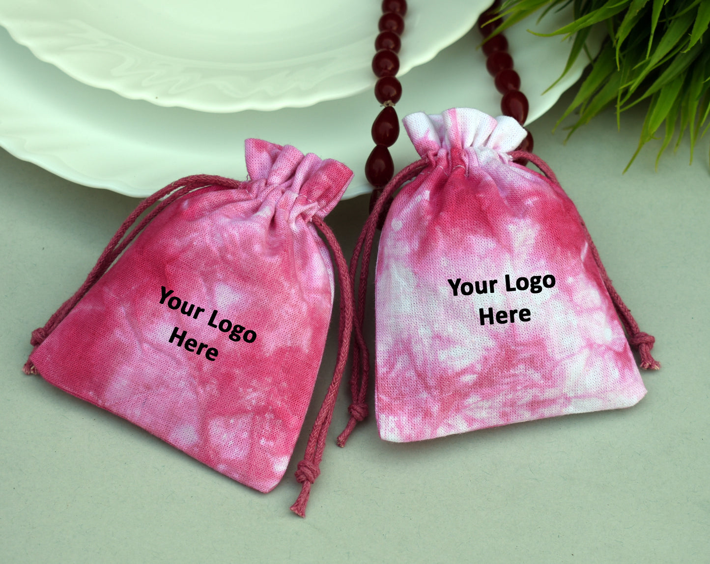 Pack of 100 - Rose Pink Tie Dye Cotton Pouches With Logo