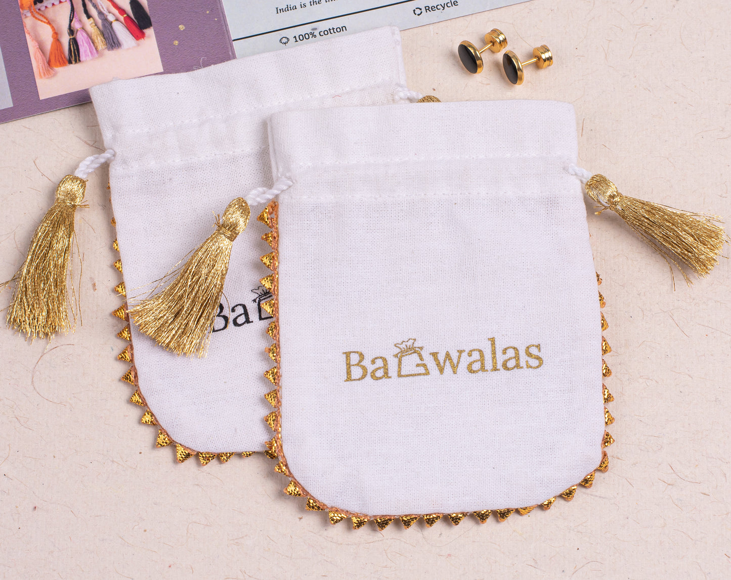 Pack of 100 - Golden Lace White Designer Cotton Drawstring Bags & Pouches With Logo