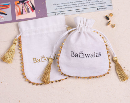 Pack of 100 - Golden Lace White Designer Cotton Drawstring Bags & Pouches With Logo