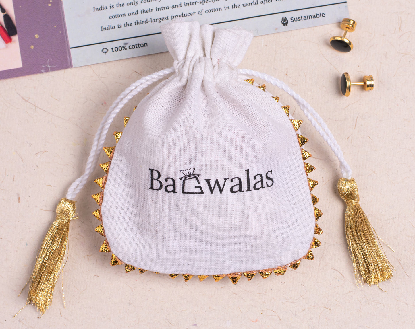 Pack of 100 - Golden Lace White Designer Cotton Drawstring Bags & Pouches With Logo