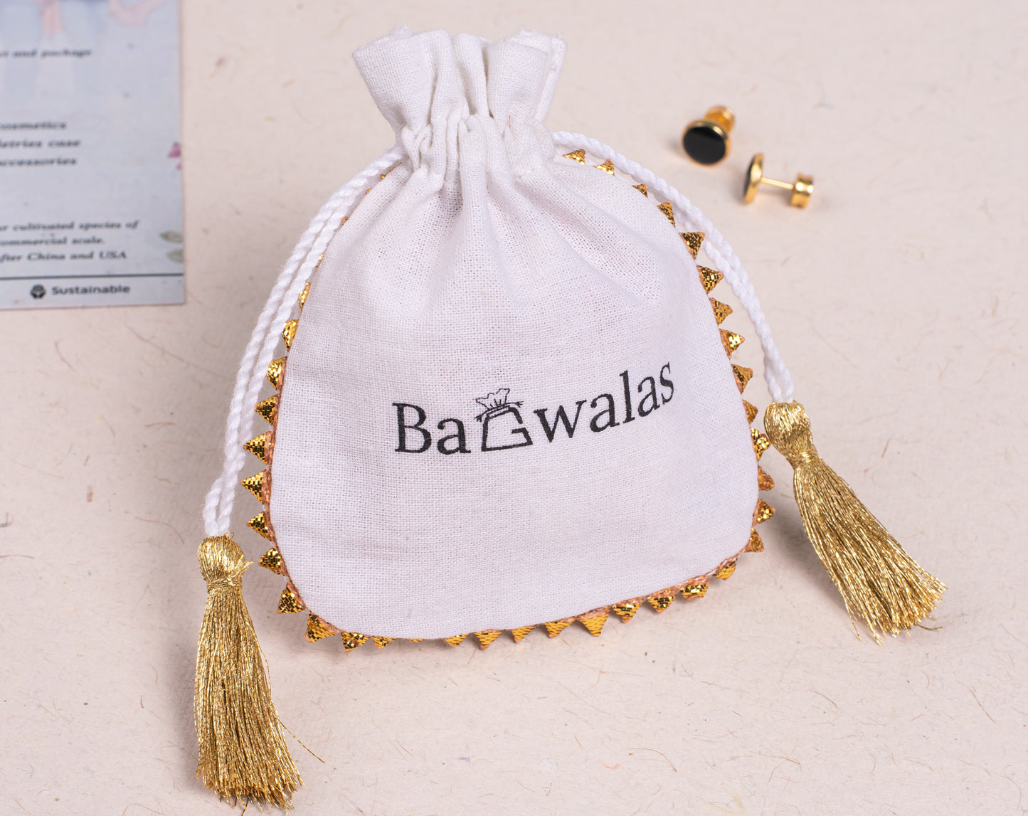 Pack of 100 - Golden Lace White Designer Cotton Drawstring Bags & Pouches With Logo