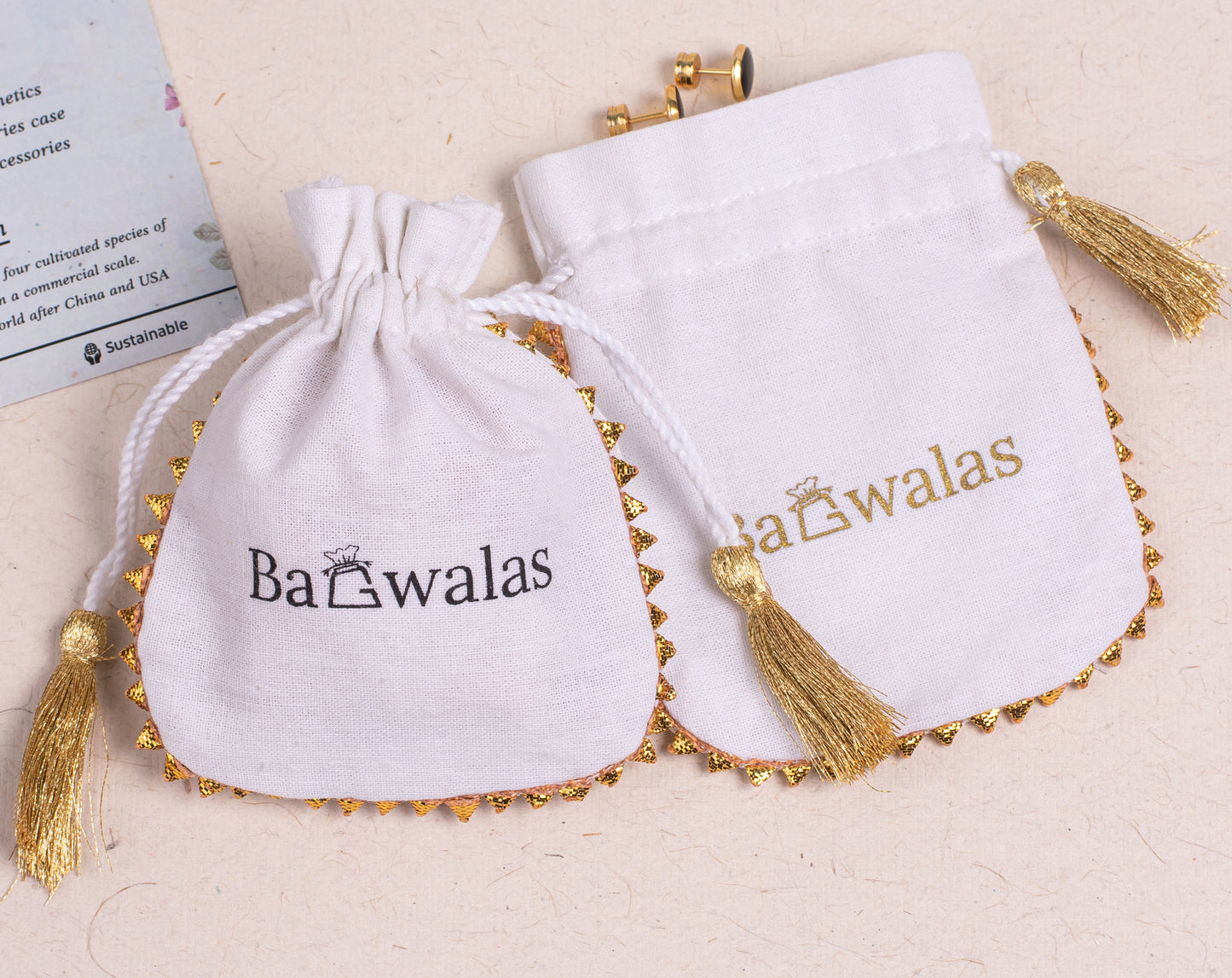 Pack of 100 - Golden Lace White Designer Cotton Drawstring Bags & Pouches With Logo