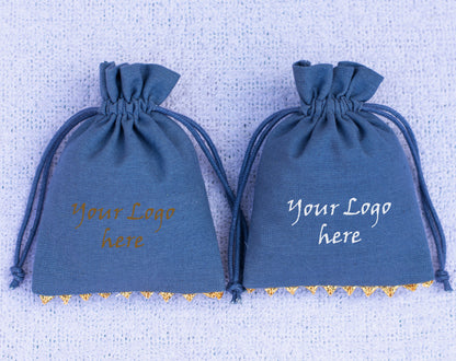 100pcs Bluish Gray Golden Lace Designer Cotton Drawstring Pouches With Custom Logo