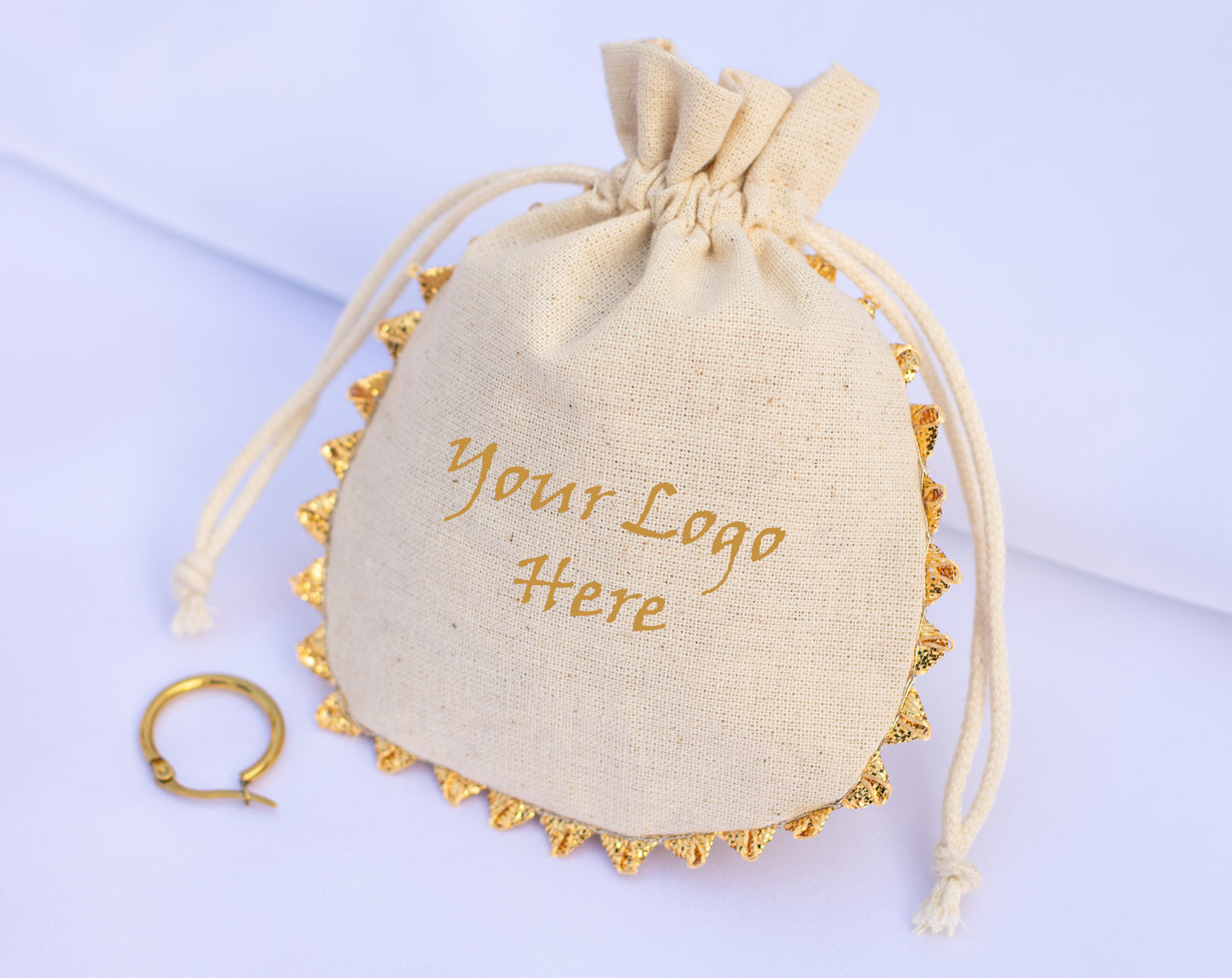 Pack of 100 - Round Golden Lace Ivory Drawstring Designer Pouch With Logo