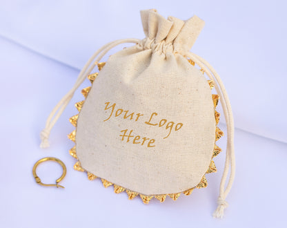 Pack of 100 - Round Golden Lace Ivory Drawstring Designer Pouch With Logo
