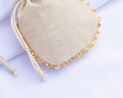 Pack of 100 - Round Golden Lace Ivory Drawstring Designer Pouch With Logo