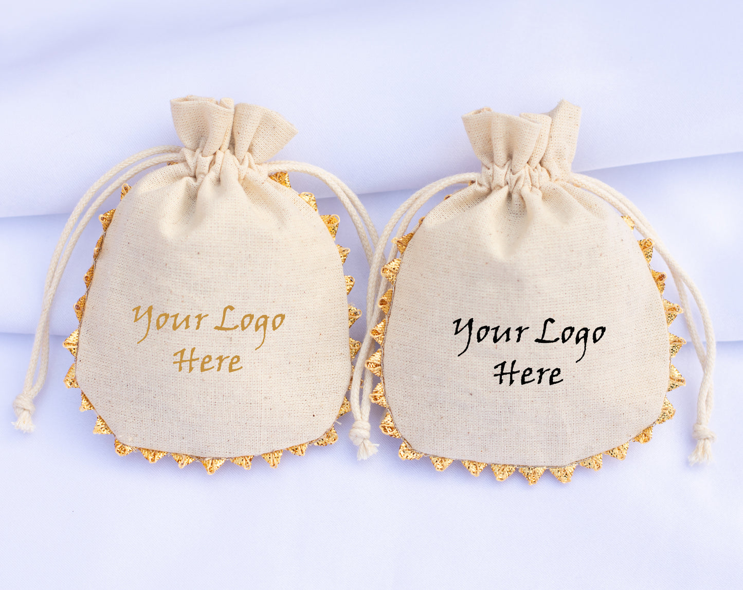 Pack of 100 - Round Golden Lace Ivory Drawstring Designer Pouch With Logo