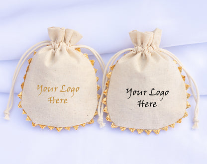 Pack of 100 - Round Golden Lace Ivory Drawstring Designer Pouch With Logo