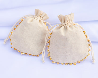 Pack of 100 - Round Golden Lace Ivory Drawstring Designer Pouch With Logo