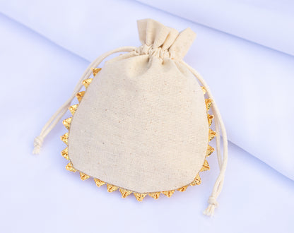 Pack of 100 - Round Golden Lace Ivory Drawstring Designer Pouch With Logo