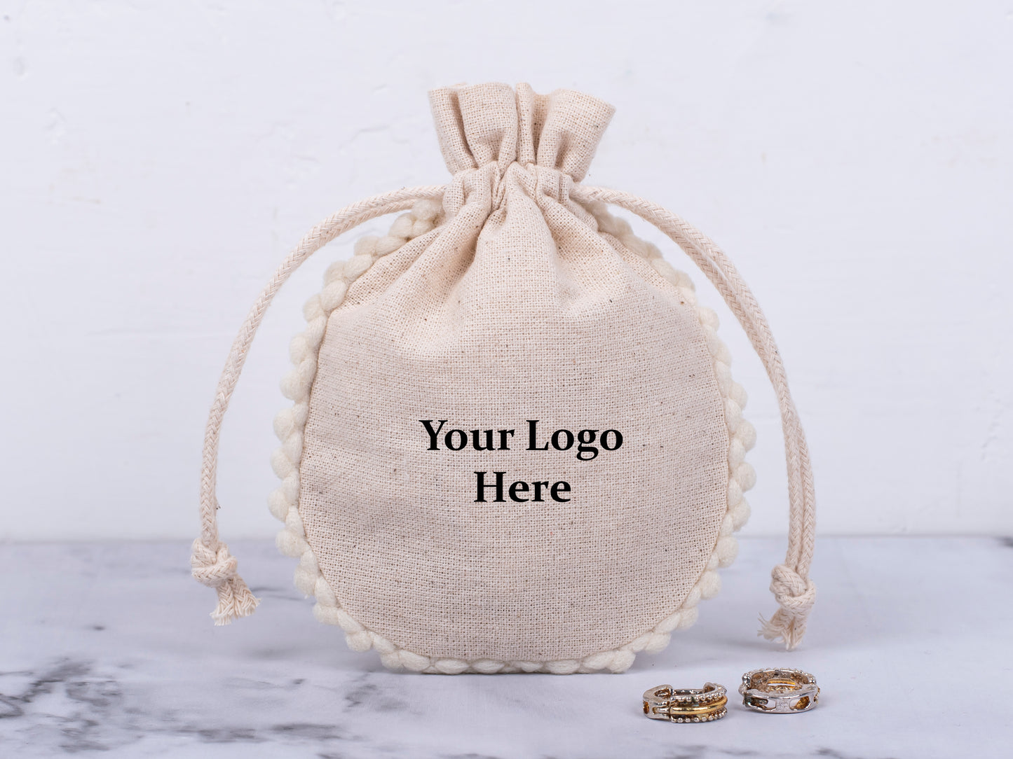 100pcs Natural Cotton Drawstring Designer Pouch With Logo For Jewelry Packaging