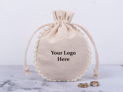 100pcs Natural Cotton Drawstring Designer Pouch With Logo For Jewelry Packaging