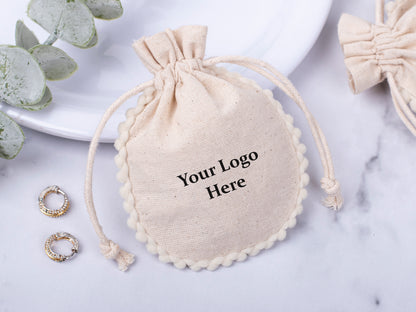 100pcs Natural Cotton Drawstring Designer Pouch With Logo For Jewelry Packaging