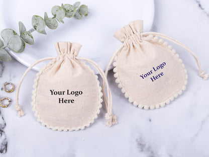 100pcs Natural Cotton Drawstring Designer Pouch With Logo For Jewelry Packaging