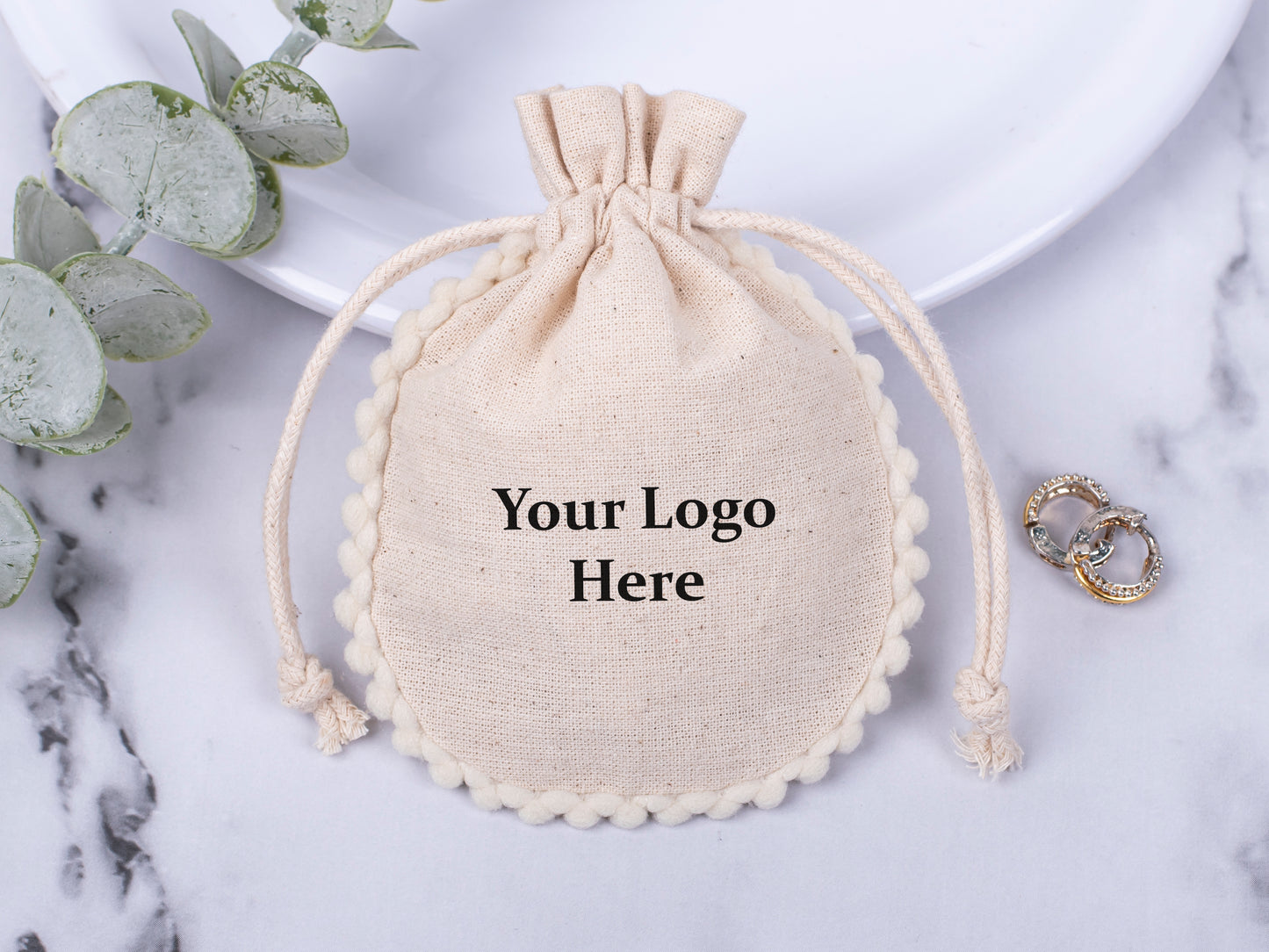 100pcs Natural Cotton Drawstring Designer Pouch With Logo For Jewelry Packaging
