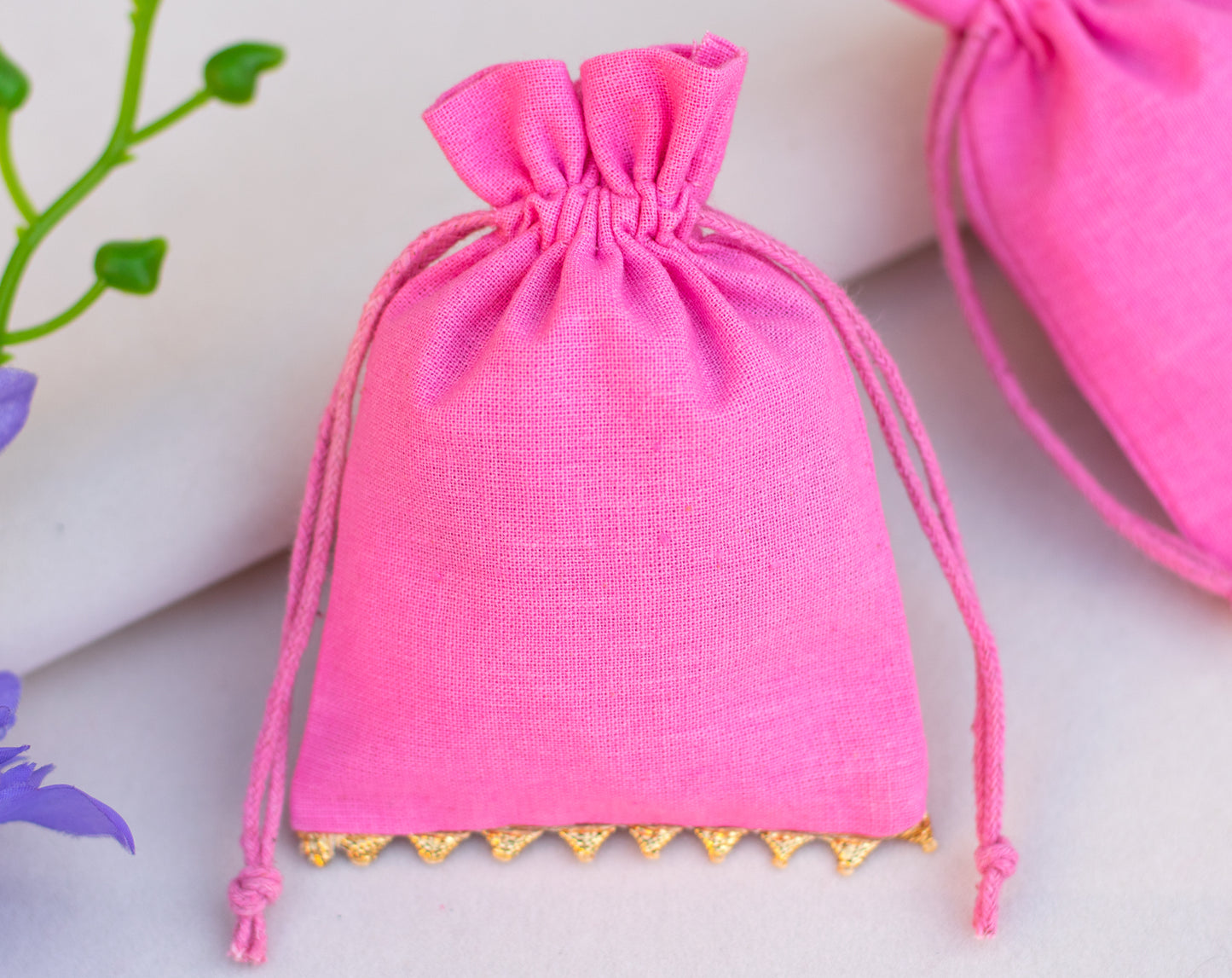 100pcs - Golden Lace Light Pink Designer Cotton Pouches With Logo