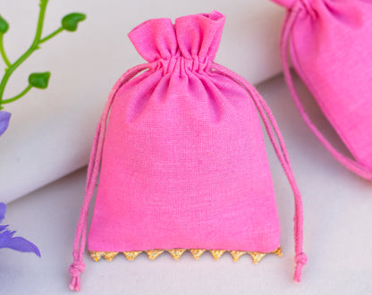 100pcs - Golden Lace Light Pink Designer Cotton Pouches With Logo