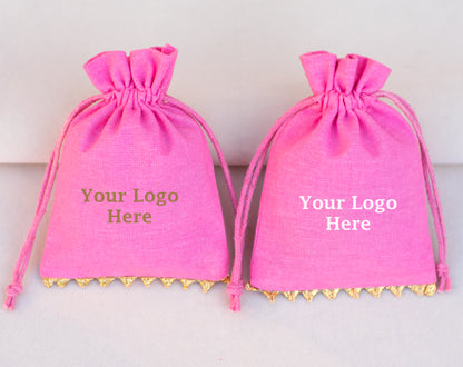 100pcs - Golden Lace Light Pink Designer Cotton Pouches With Logo