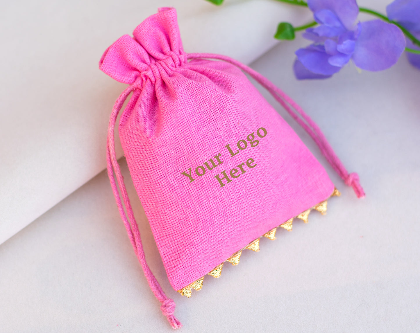 100pcs - Golden Lace Light Pink Designer Cotton Pouches With Logo