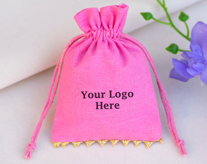 100pcs - Golden Lace Light Pink Designer Cotton Pouches With Logo