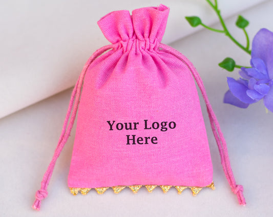 100pcs - Golden Lace Light Pink Designer Cotton Pouches With Logo