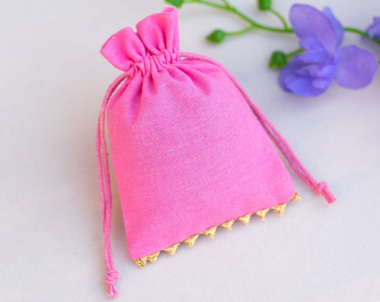 100pcs - Golden Lace Light Pink Designer Cotton Pouches With Logo
