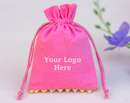 100pcs - Golden Lace Light Pink Designer Cotton Pouches With Logo