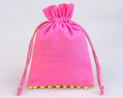 100pcs - Golden Lace Light Pink Designer Cotton Pouches With Logo