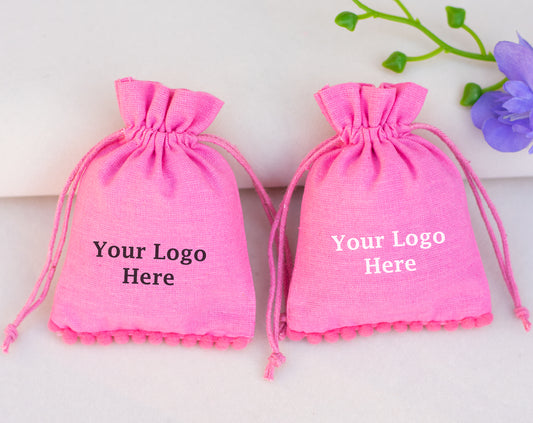 100pcs Light Pink Designer Cotton Drawstring Pouch With Logo, Eco Friendly Packaging