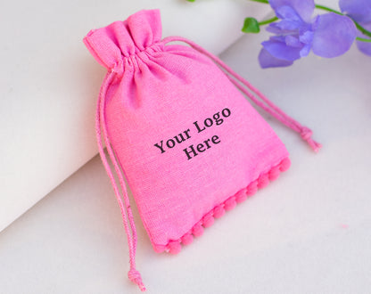 100pcs Light Pink Designer Cotton Drawstring Pouch With Logo, Eco Friendly Packaging