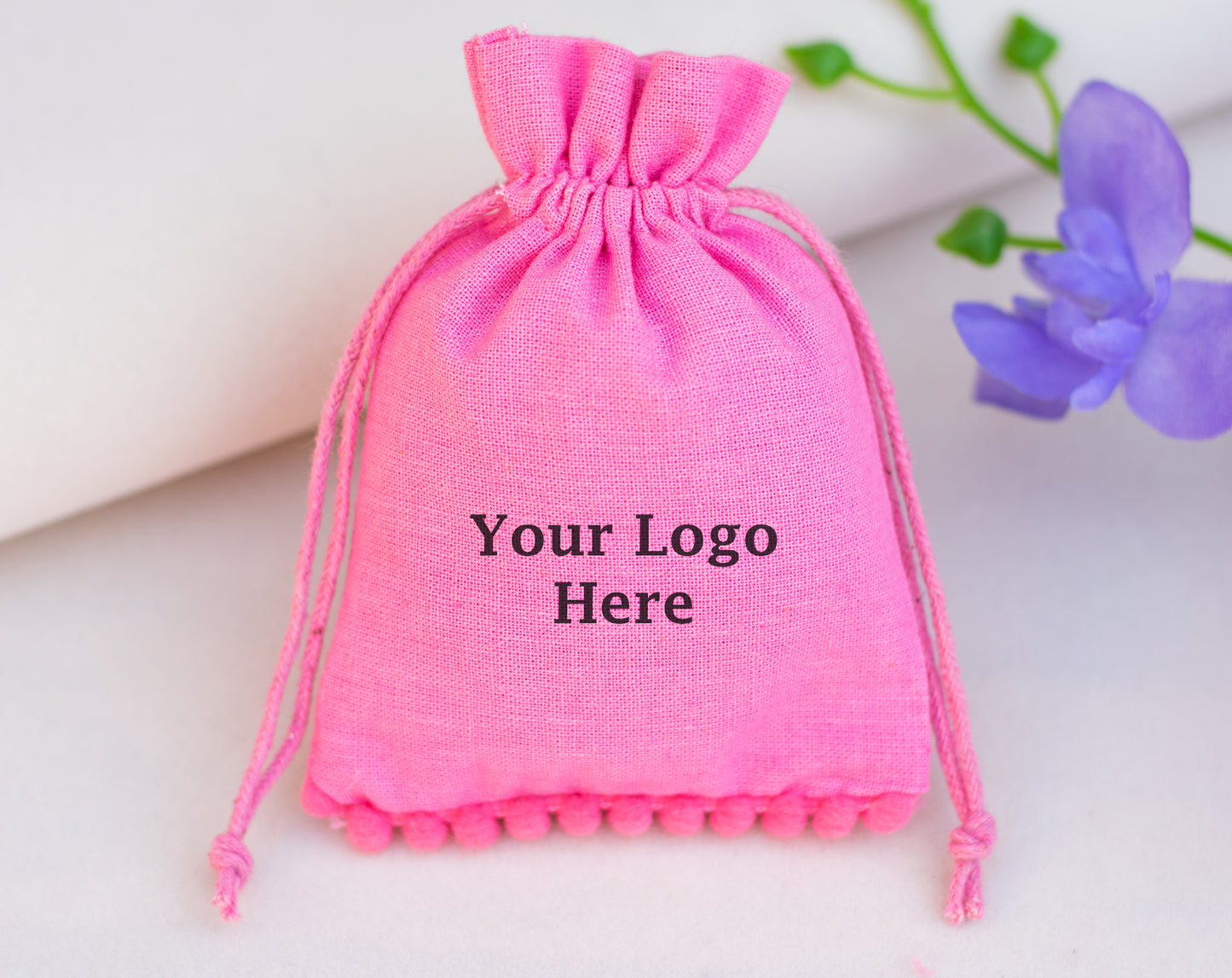 100pcs Light Pink Designer Cotton Drawstring Pouch With Logo, Eco Friendly Packaging