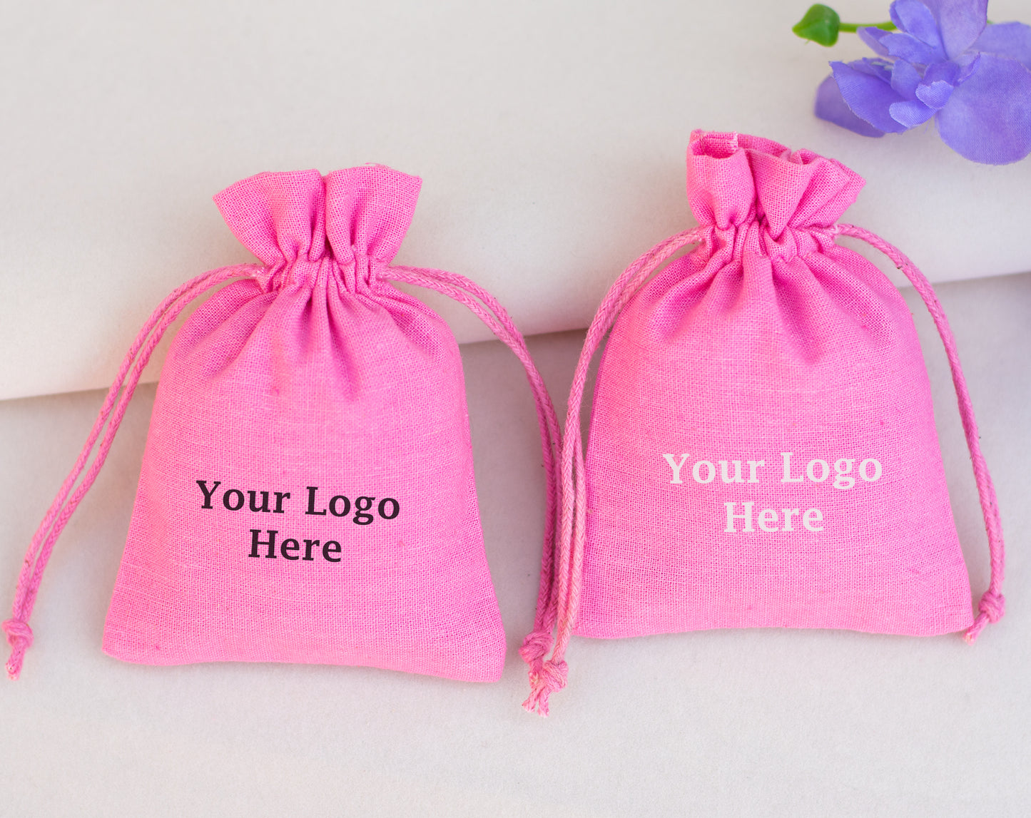 100pcs - Light Pink Cotton Drawstring Jewelry Pouch With Logo in Wholesale & Bulk