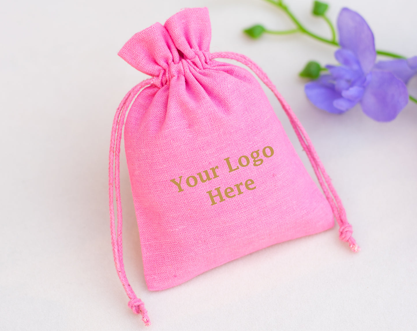 100pcs - Light Pink Cotton Drawstring Jewelry Pouch With Logo in Wholesale & Bulk