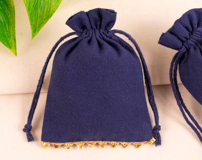 100pcs Dark Blue Designer Cotton Drawstring Pouches With Golden Lace & Logo