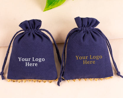 100pcs Dark Blue Designer Cotton Drawstring Pouches With Golden Lace & Logo
