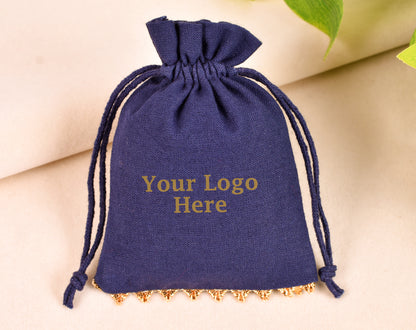 100pcs Dark Blue Designer Cotton Drawstring Pouches With Golden Lace & Logo