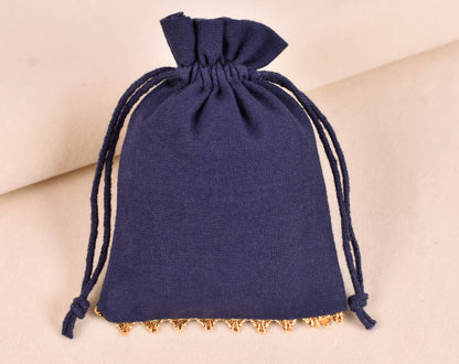 100pcs Dark Blue Designer Cotton Drawstring Pouches With Golden Lace & Logo