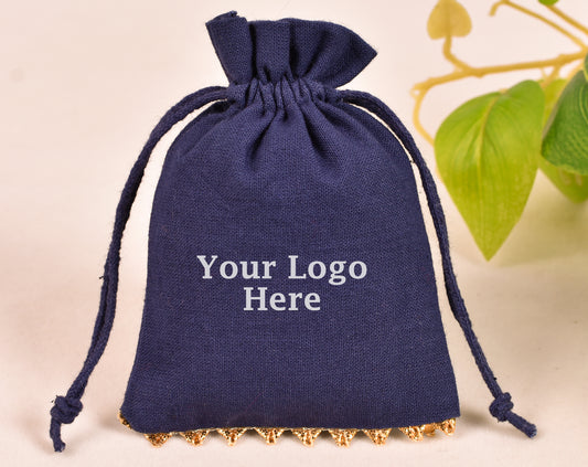 100pcs Dark Blue Designer Cotton Drawstring Pouches With Golden Lace & Logo