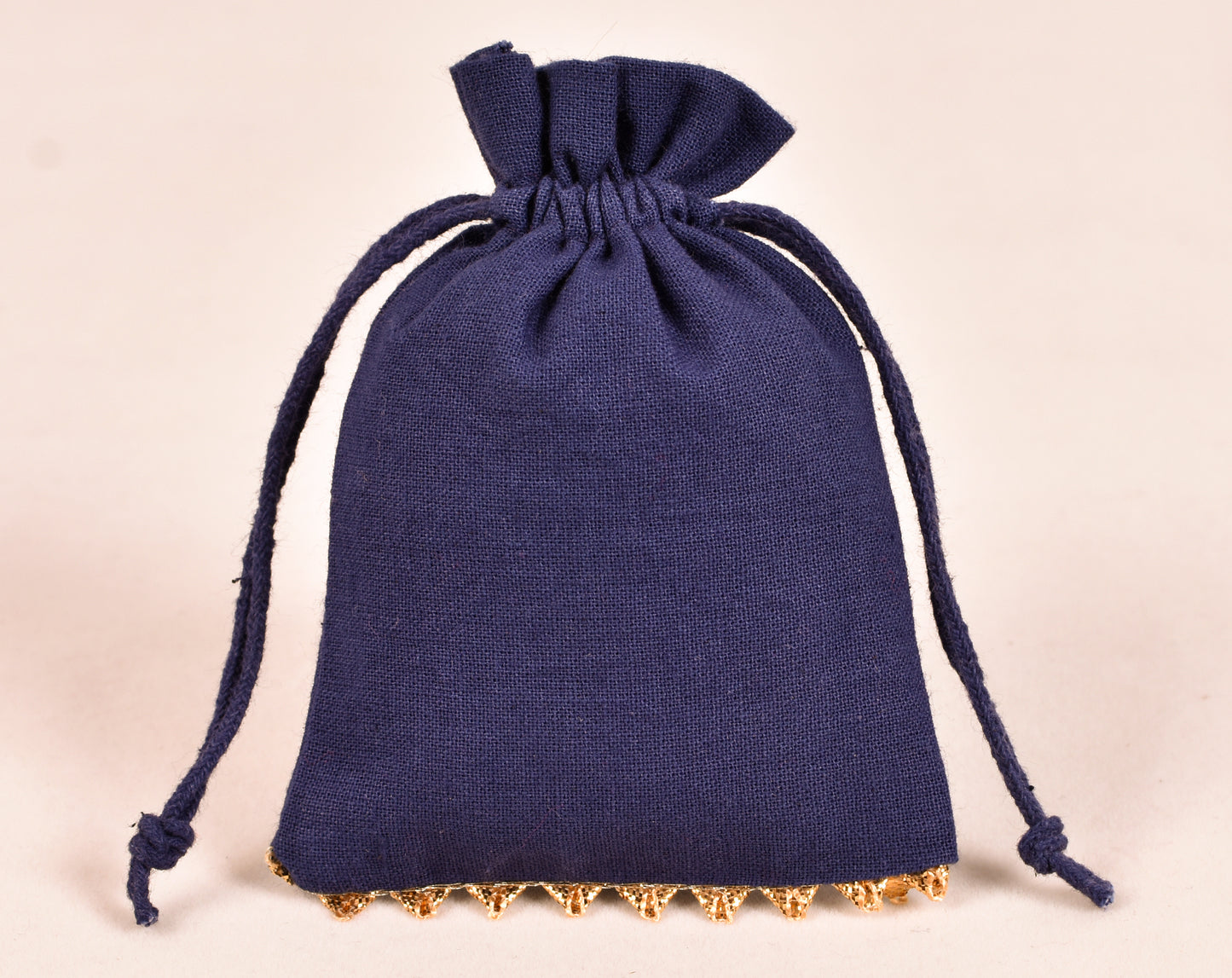 100pcs Dark Blue Designer Cotton Drawstring Pouches With Golden Lace & Logo