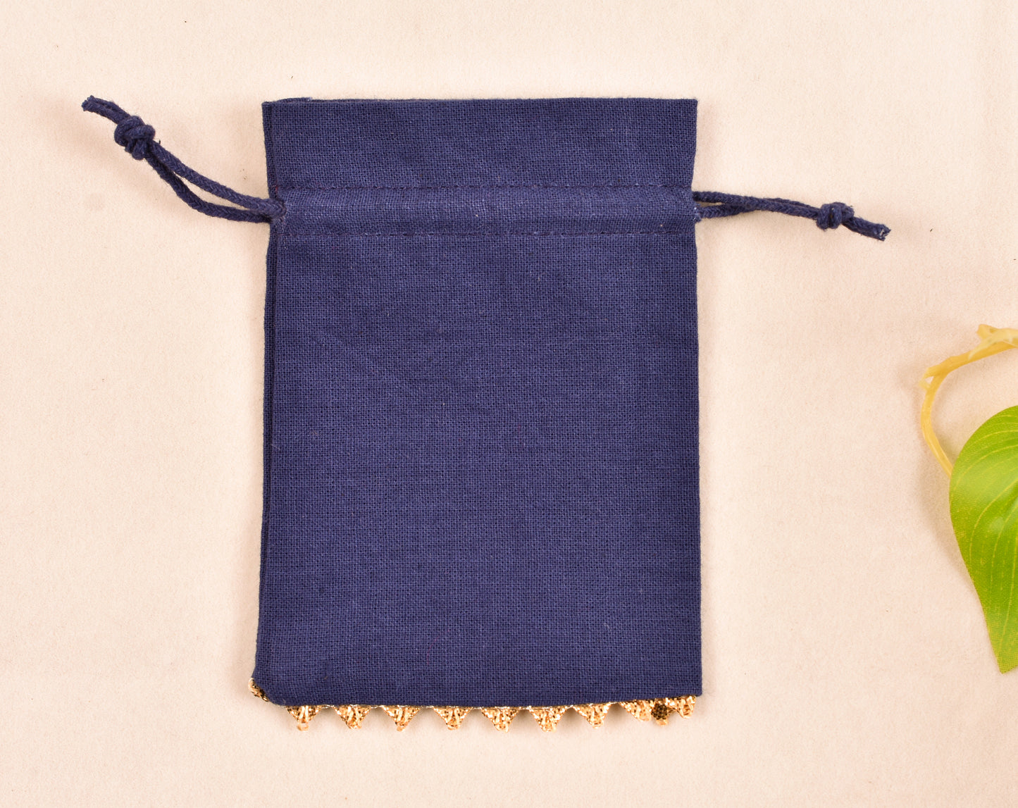 100pcs Dark Blue Designer Cotton Drawstring Pouches With Golden Lace & Logo