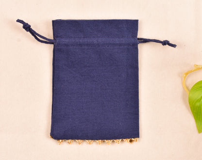 100pcs Dark Blue Designer Cotton Drawstring Pouches With Golden Lace & Logo