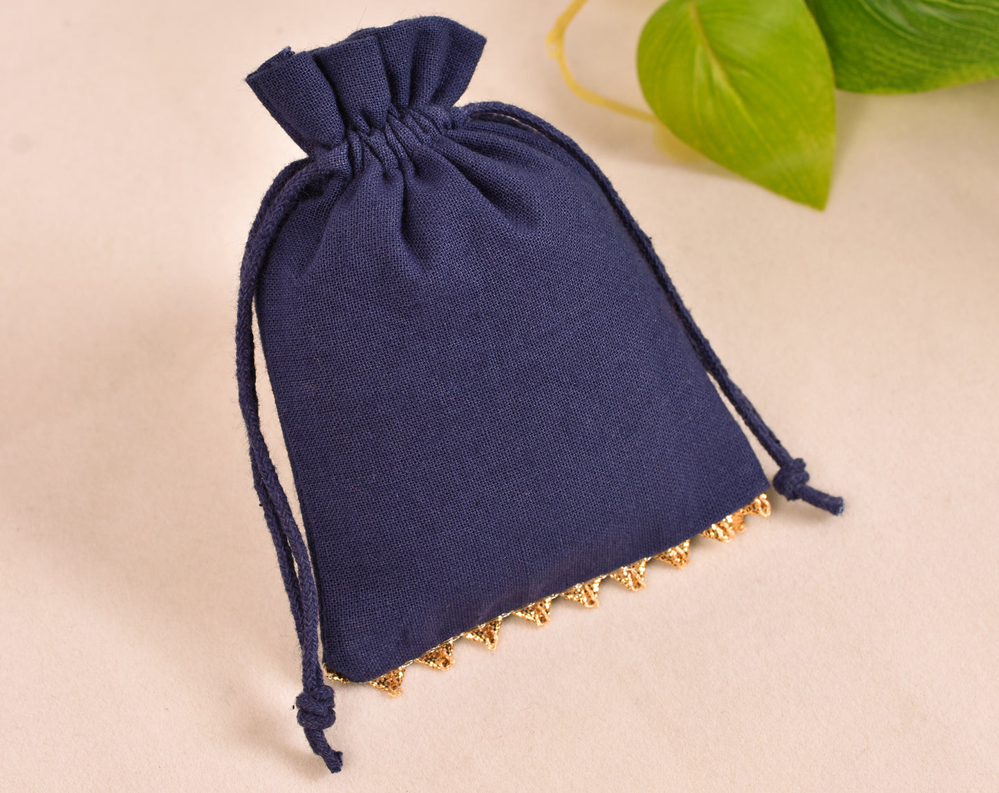 100pcs Dark Blue Designer Cotton Drawstring Pouches With Golden Lace & Logo
