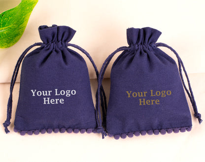 100pcs Dark Blue Designer Cotton Drawstring Pouches With Logo for Premium Packaging